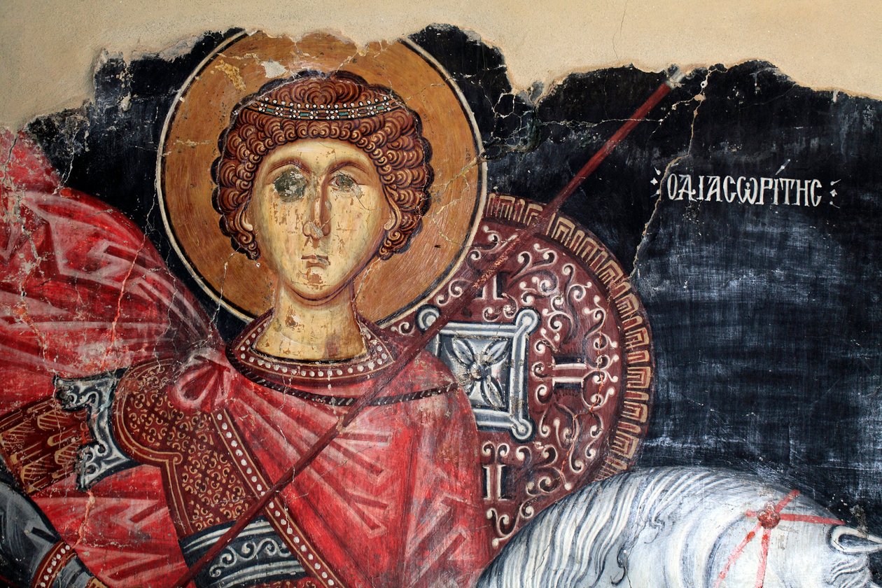 Afresco bizantino do século XV (detalhe) São Jorge Pintura de parede Igreja de Michael Archangel em Pedoulas Chipre Igrejas pintadas UNESCO site Troodos, Chipre de Unknown