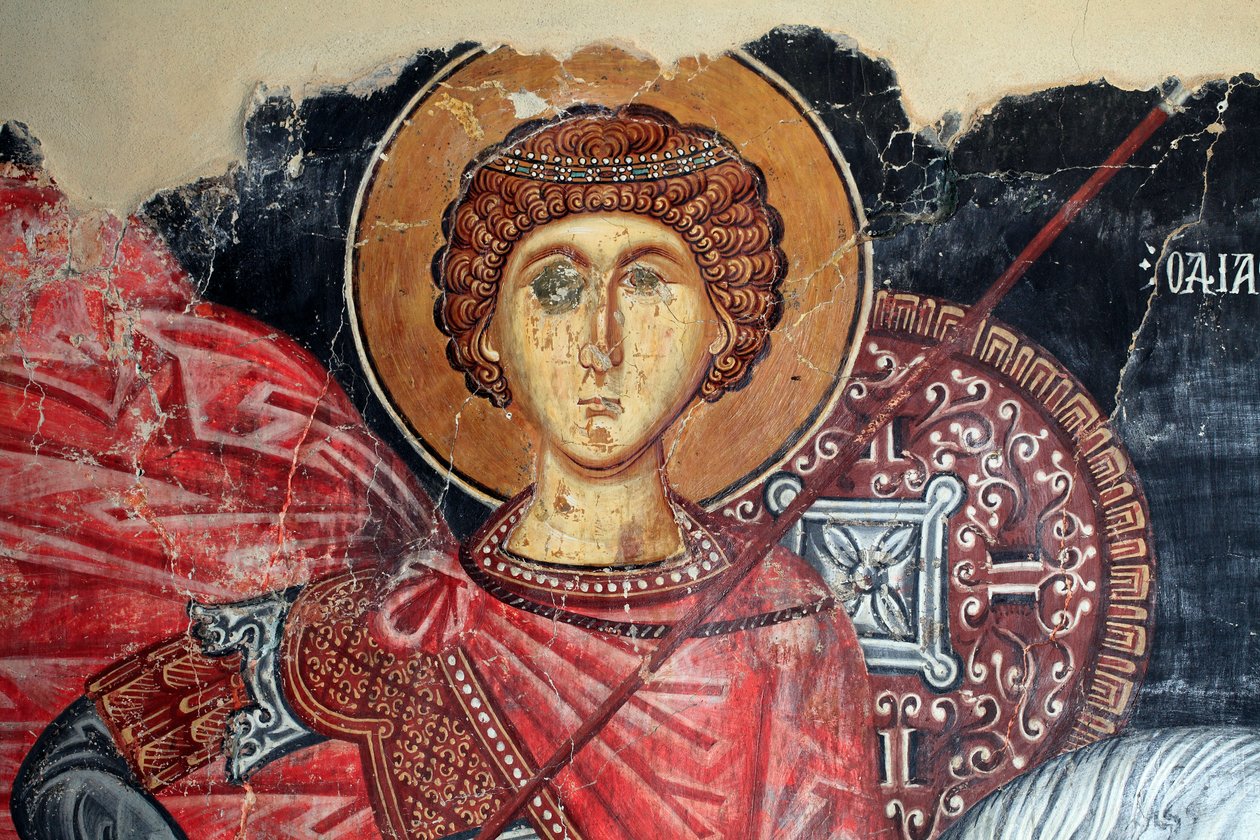 Afresco bizantino do século XV (detalhe) São Jorge Pintura de parede Igreja de Michael Archangel em Pedoulas Chipre Igrejas pintadas UNESCO site Troodos, Chipre de Unknown