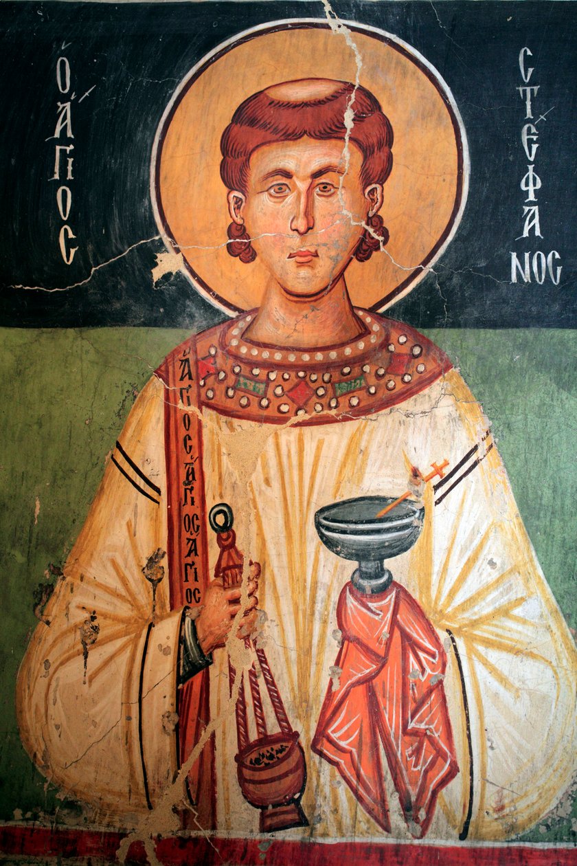 Afresco bizantino do século XV (detalhe) Santo Estêvão Pintura de parede Igreja de Miguel Arcanjo em Pedoulas Chipre Igrejas pintadas UNESCO site Troodos, Chipre de Unknown