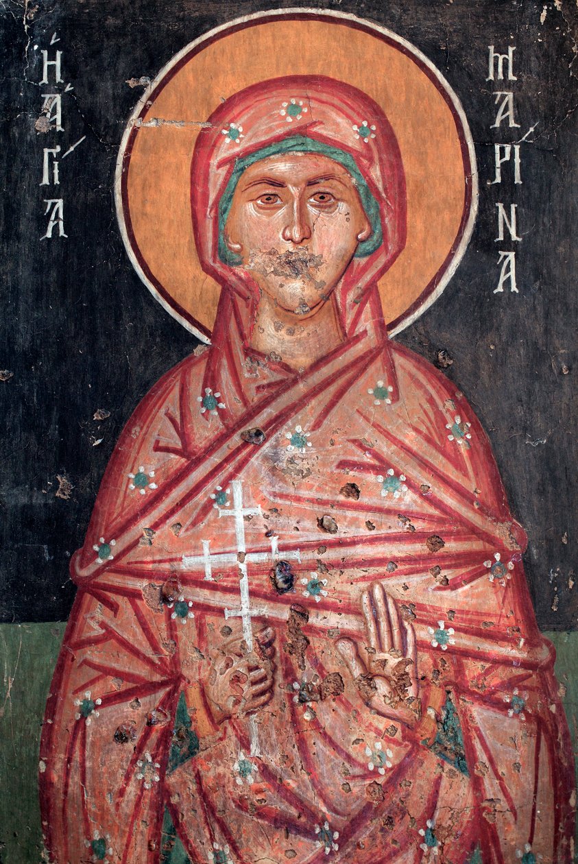 Afresco bizantino do século XV Saint Marina Pintura de parede Igreja de Michael Archangel em Pedoulas Chipre Igrejas pintadas UNESCO site Troodos, Chipre de Unknown