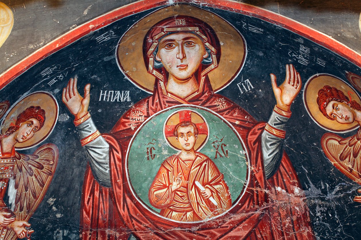 Afresco bizantino do século 15 A pintura de parede Santa Maria Igreja de Miguel Arcanjo em Pedoulas Chipre Igrejas pintadas UNESCO site Troodos, Chipre de Unknown
