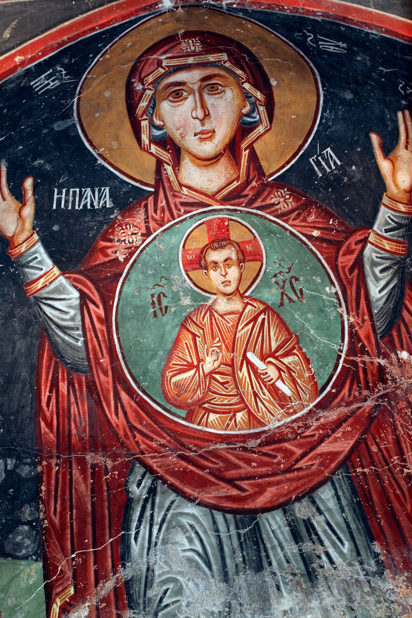 Afresco bizantino do século 15 A pintura de parede Santa Maria Igreja de Miguel Arcanjo em Pedoulas Chipre Igrejas pintadas UNESCO site Troodos, Chipre de Unknown