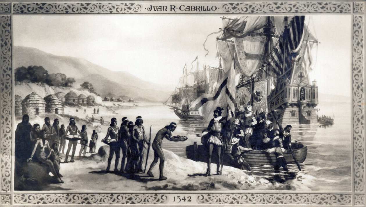Califórnia: 1542 Uma pintura representando Juan Rodriguez Cabrillo encontrando nativos na costa da Califórnia durante sua expedição. de Unknown