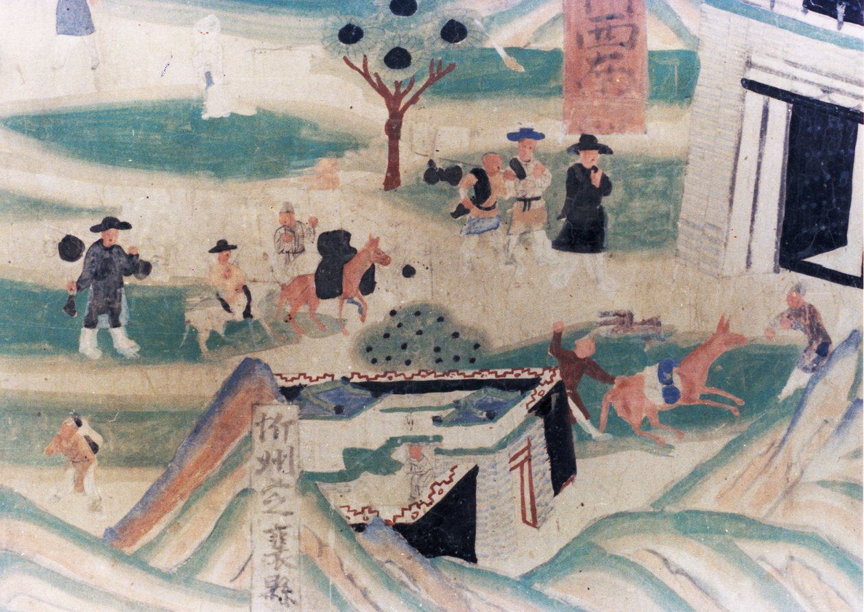 Detalhe do Mapa da Montanha Wutai (Wutaishan), uma pintura mural feita durante as Cinco Dinastias (907 - 960) nas Grutas de Dunhuang, representando os peregrinos que chegam a uma estalagem à noite. de Unknown