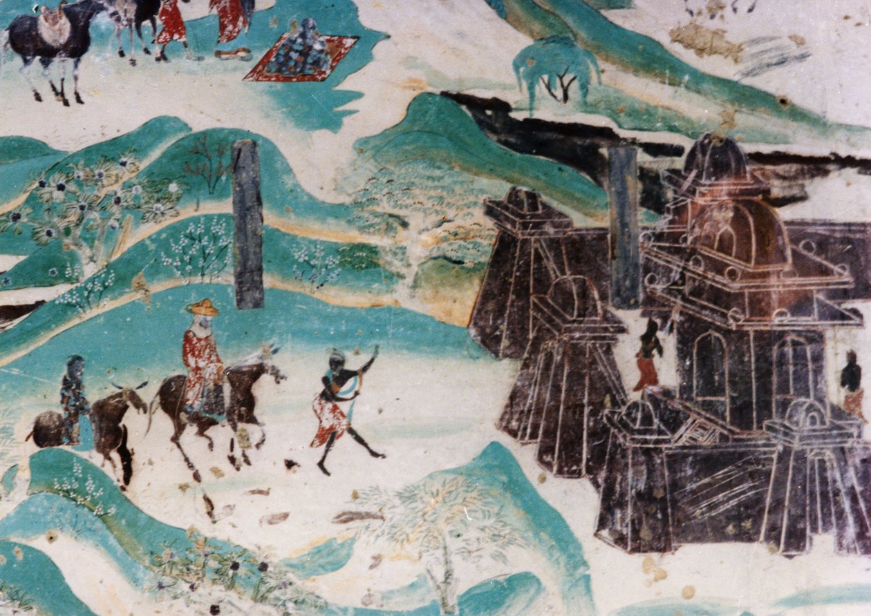 Detalhe do Mapa da Montanha Wutai (Wutaishan), uma pintura mural feita durante as Cinco Dinastias (907 - 960) nas Grutas de Dunhuang, representando o estilo arquitectónico típico das regiões ocidentais. de Unknown