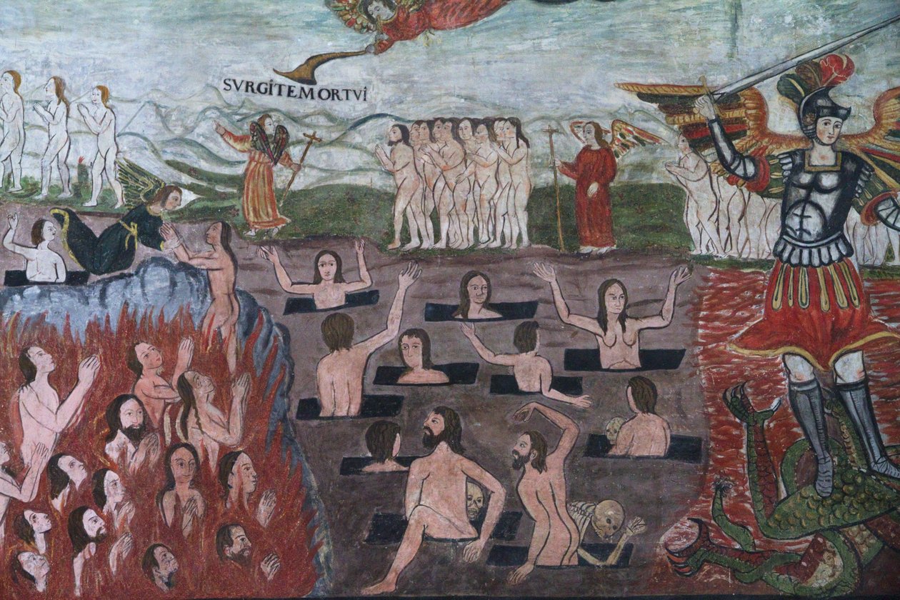 Julgamento final Ilustrado por Afrescos Barroco-Mestiço do século XVII na Nave da Igreja de Santiago De Curahuara De Carangas, Capela Sistina dos Andes, Curahuara De Carangas, Oruro, Bolívia (pho de Unknown