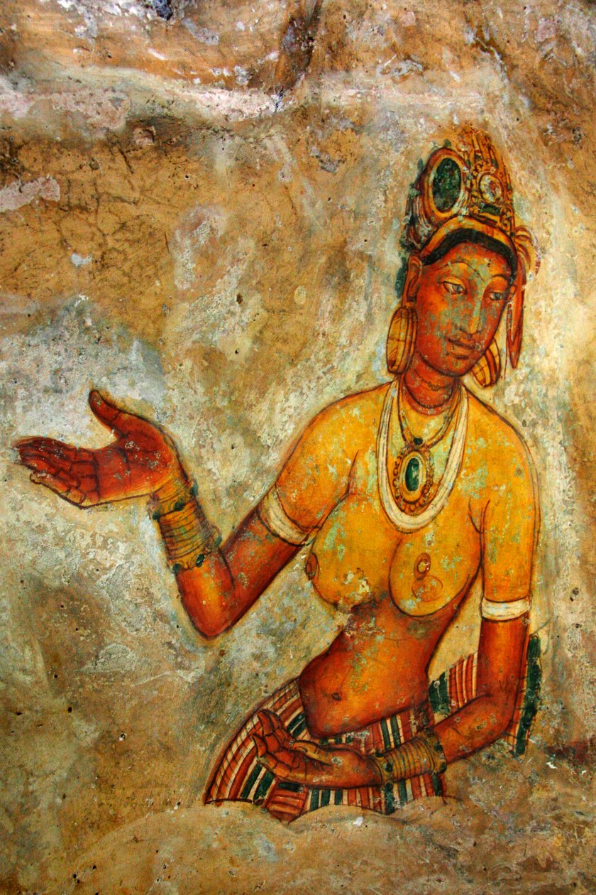 Fresco na parede da rocha de Sigiriya, no distrito de Matale de Sri Lanka. Este monte de lava de 370 metros de altura de um antigo vulcão é famoso pelo complexo fortificado do palácio, construído durante o reinado do rei Ka de Unknown