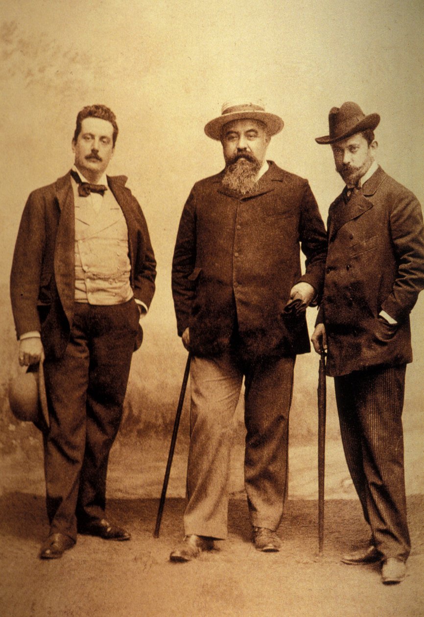 Giacomo Puccini (1858-1924) com seus libretistas, Giuseppe Giacosa e Luigi Ilica. de Unknown