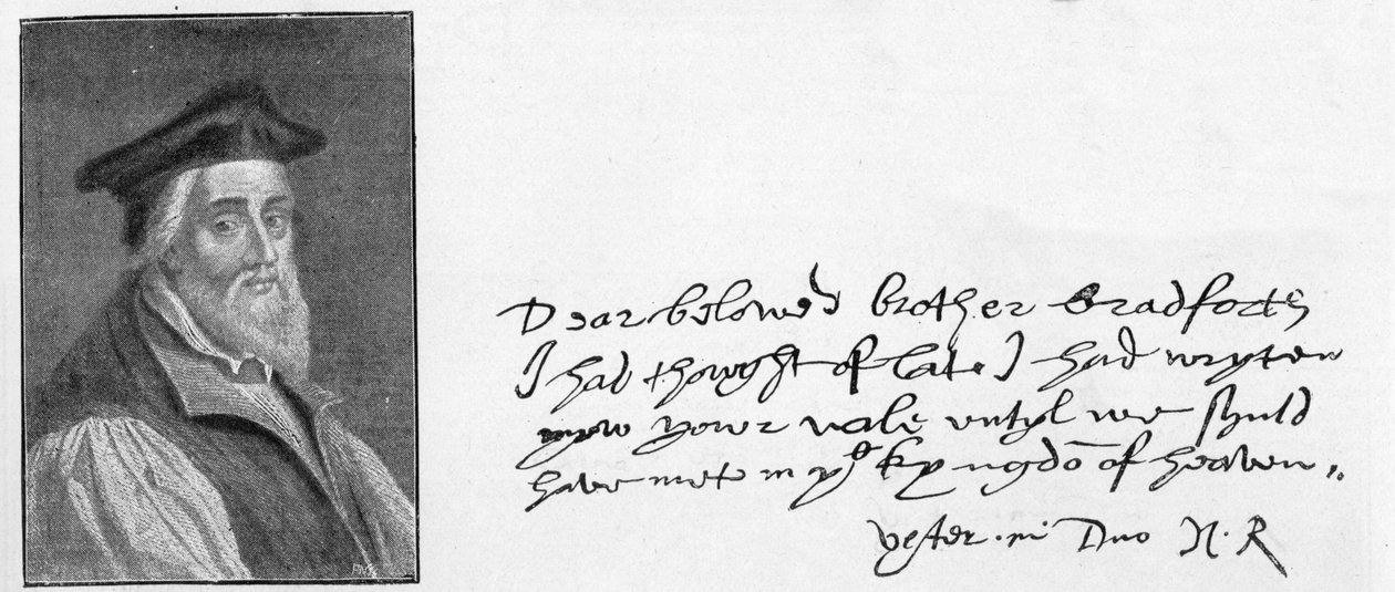 Caligrafia e assinatura do Bispo Ridley de uma carta escrita para confortar John Bradford pouco antes de sua morte, 1555 de Unknown