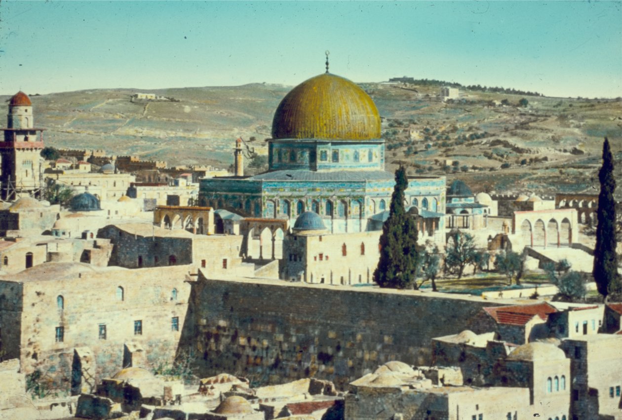 Jerusalém: Cúpula da rocha e Muro das Lamentações, c.1950 (foto colorida) de Unbekannt Unbekannt