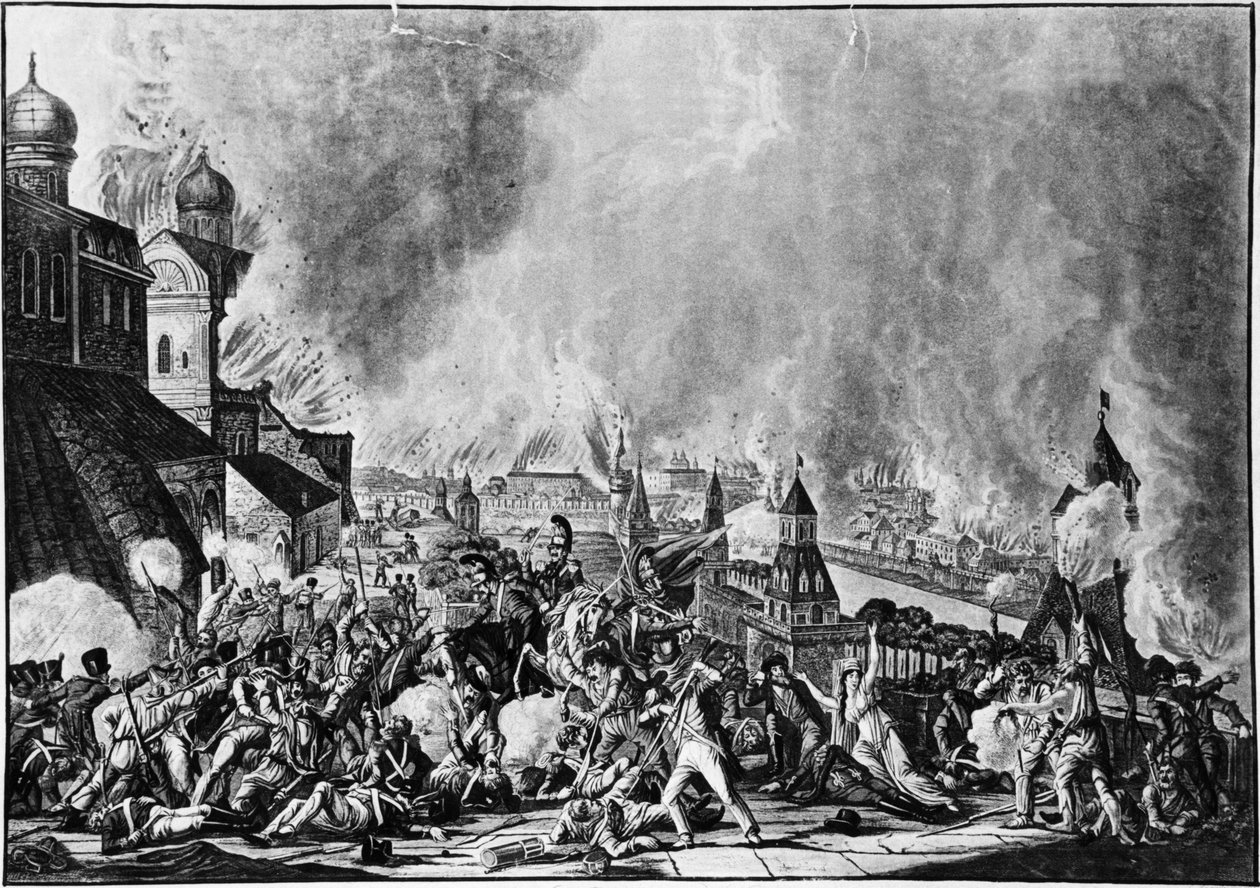 Guerra Napoleônica de 1812, Incêndio de Moscou, 15 de setembro de 1812, de uma gravura de L, Rugendas (1813). de Unknown