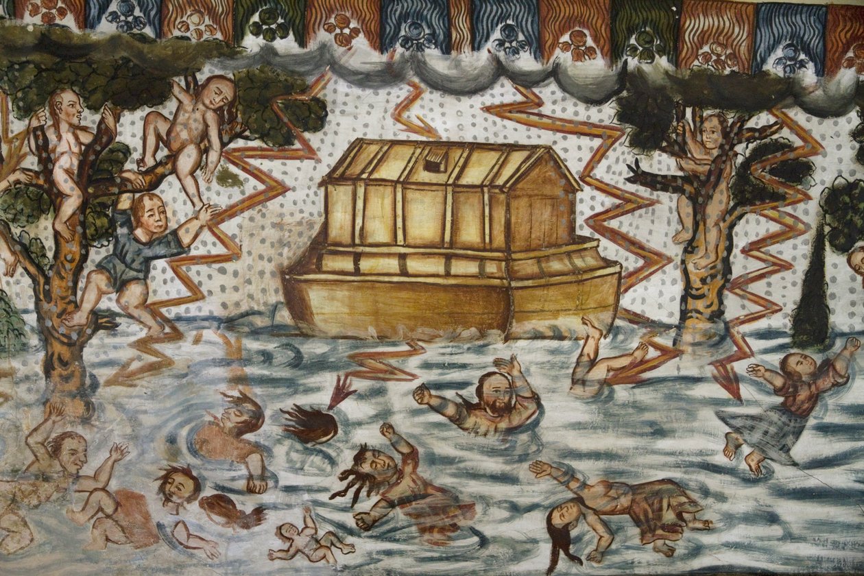 A Arca de Noé e o Dilúvio Ilustrados por afrescos barrocos-mestiços Datando do século XVII no Batistério de Santiago De Curahuara De Carangas, a Capela Sistina dos Andes, Curahuara De de Unknown