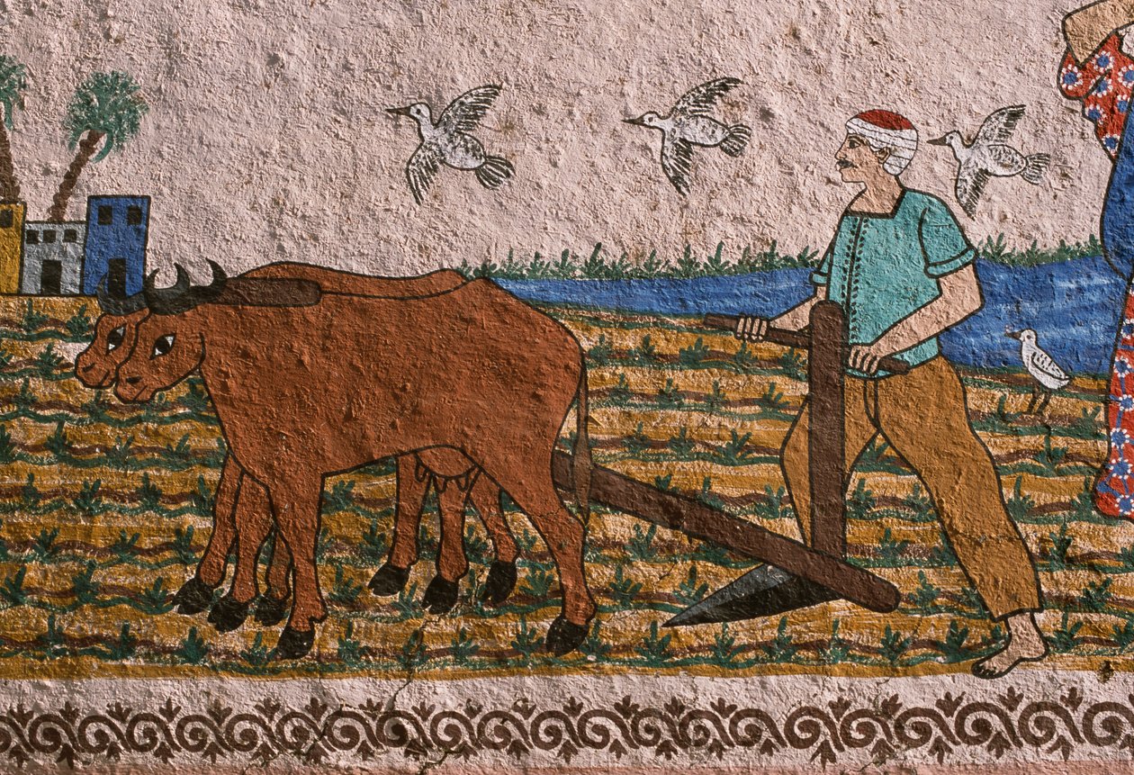 Parede pintada retratando um lavrador, Cisjordânia, Luxor de Unknown