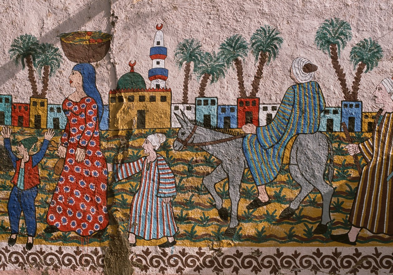 Parede pintada retratando uma aldeia, Cisjordânia, Luxor de Unknown