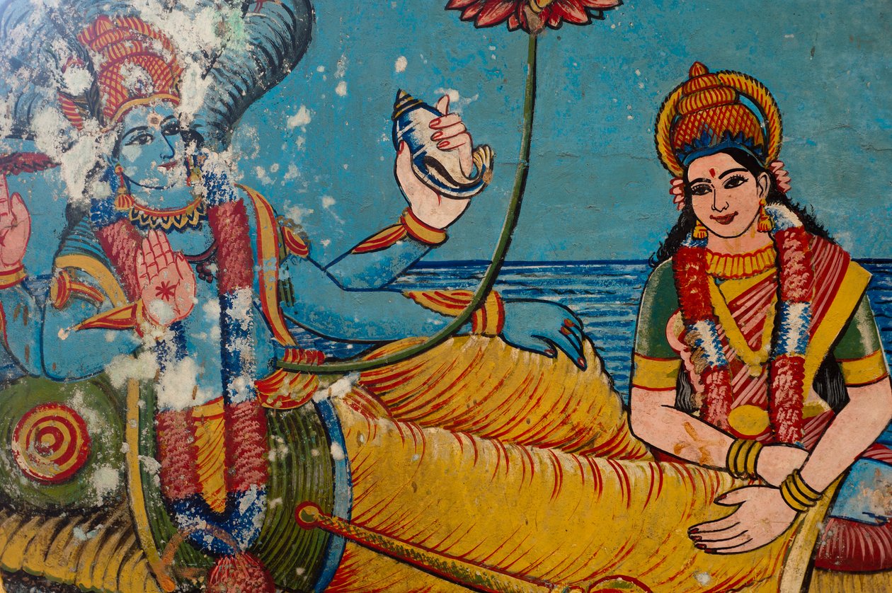 Pintura de divindades hindu na parede de um templo em Sangamankanda, na costa leste, Sri Lanka. 29 de maio de 2010. de Unknown