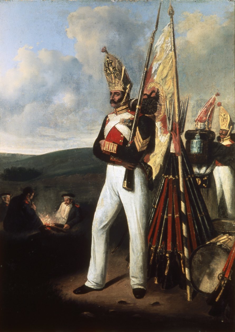 Pintura de um soldado de infantaria do regimento russo Pavlovsky na época da batalha de Borodino durante a guerra de 1812 com Napoleão. de Unknown