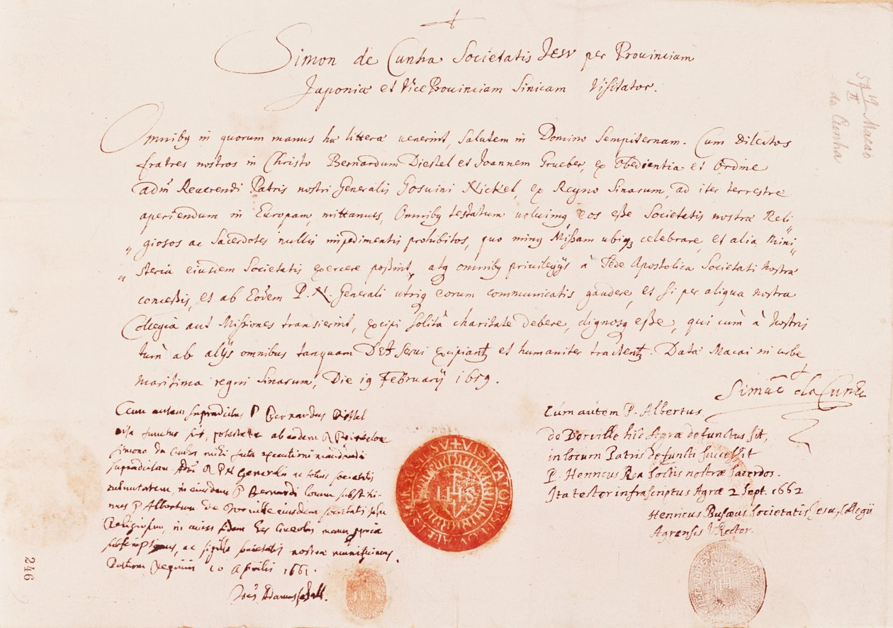 Passaporte emitido para Johann Grueber e Bernhard Diestel para encontrar a rota terrestre da Europa para Pequim, 1616 de Unknown