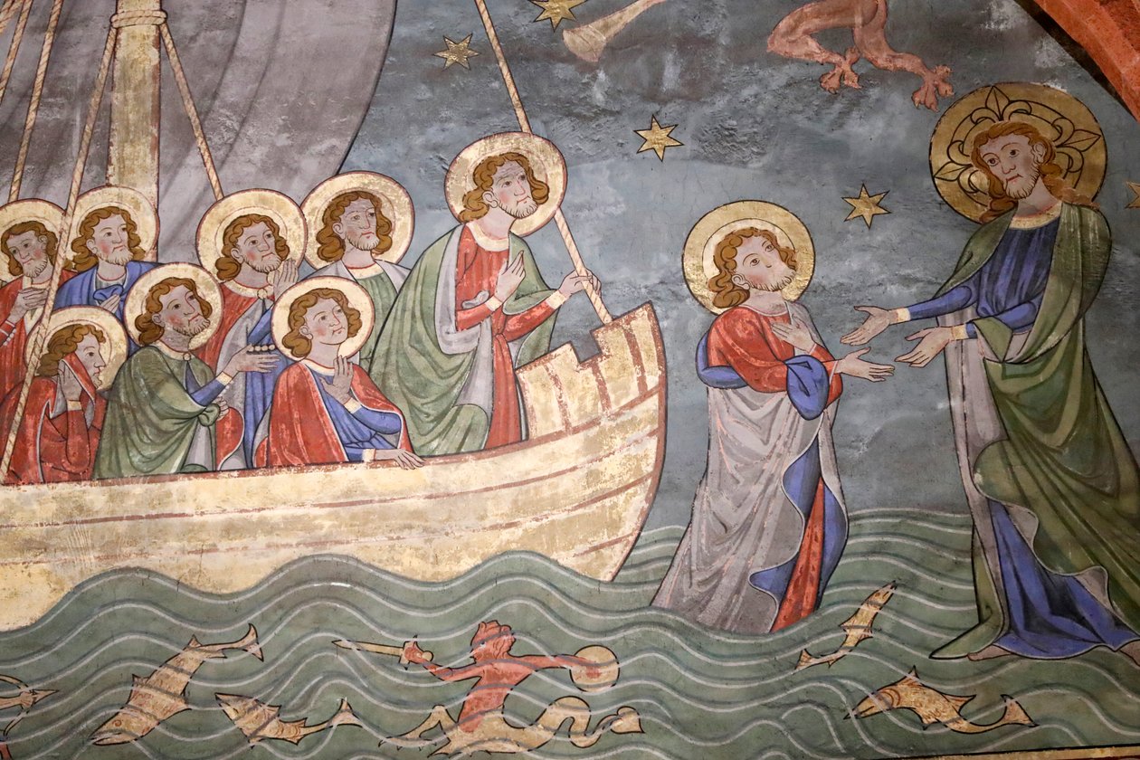 São Pedro, a jovem igreja protestante, Lago Tiberíades, Cristo andando sobre a água e St. Peter, afresco, Estrasburgo, França. de Unknown