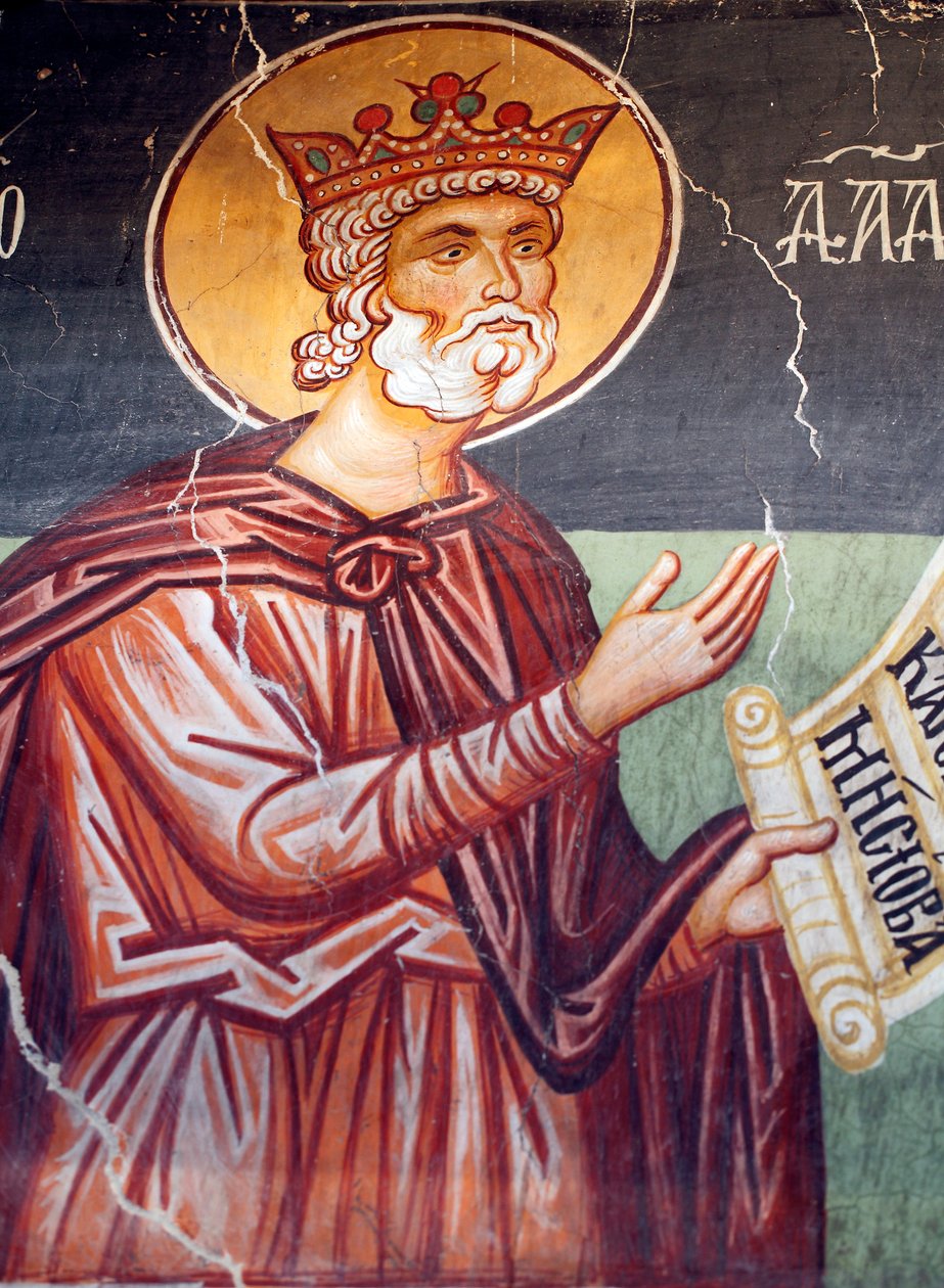 O afresco bizantino do século XV (detalhe) Primeiro rei e profeta David Pintura de parede Michael Archangel Church em Pedoulas Chipre Igrejas pintadas UNESCO site Troodos, Chipre de Unknown