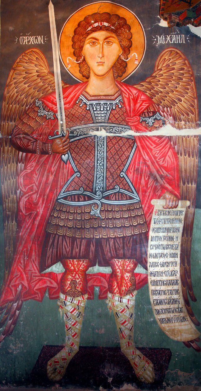 O afresco bizantino do século XV (detalhe) Arcanjo Miguel Pintura de parede Igreja de Arcanjo Miguel em Pedoulas Chipre Igrejas pintadas UNESCO site Troodos, Chipre de Unknown