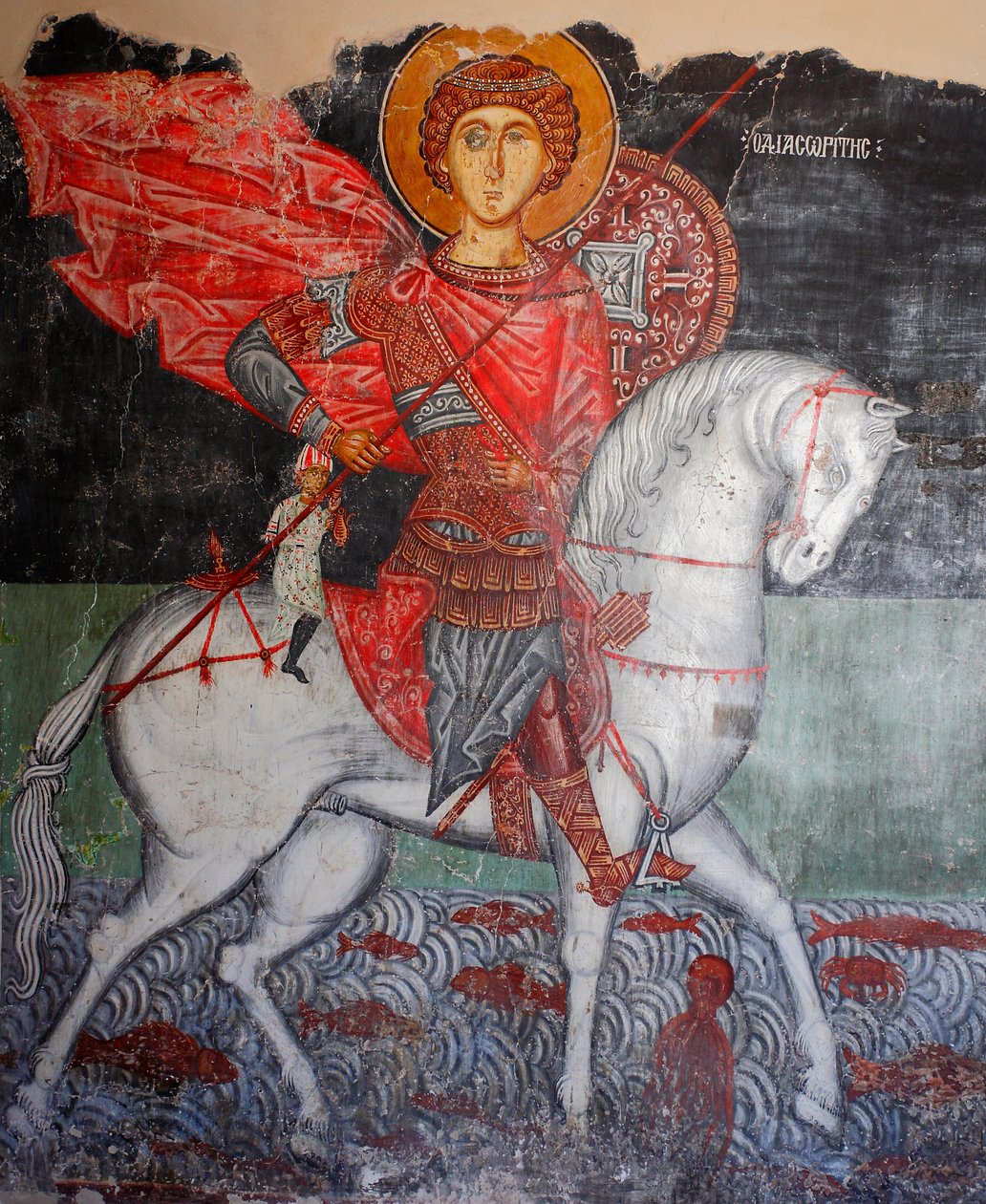 O afresco bizantino do século XV (detalhe) Pintura de parede de São Jorge Igreja de Arcanjo Miguel em Pedoulas Chipre Igrejas pintadas UNESCO site Troodos, Chipre de Unknown