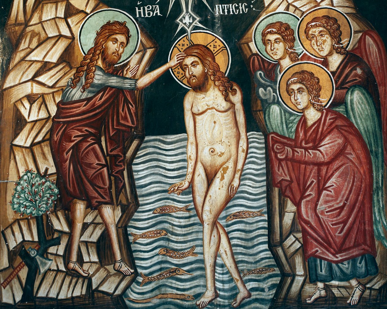 O afresco bizantino do século 15 Cristo Baptim Pintura de parede Michael Archangel Church em Pedoulas Chipre Igrejas pintadas UNESCO site Troodos, Chipre de Unknown