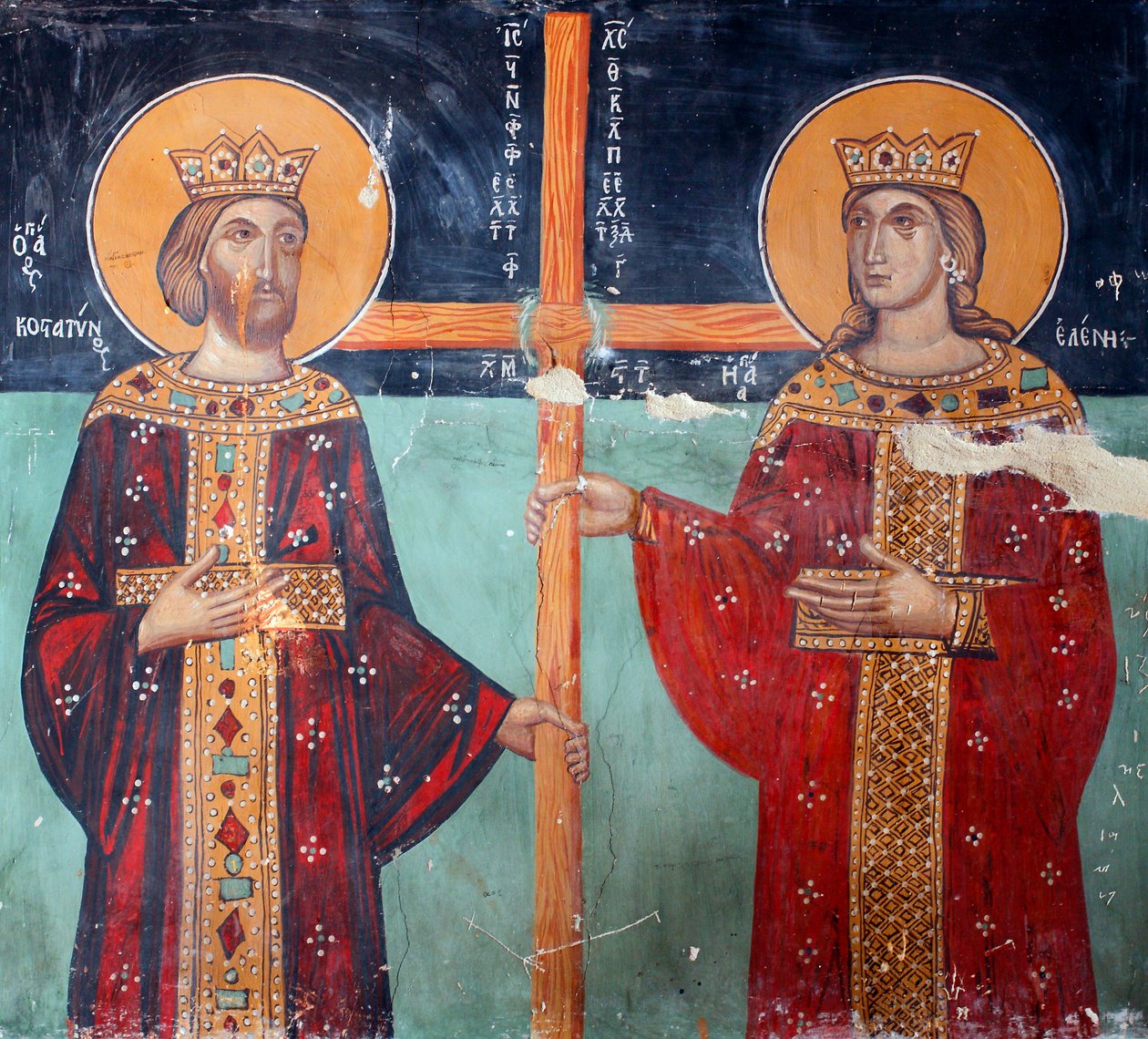 O afresco bizantino do século 15 Imperador Constantino e sua mãe Helene Pintura de parede Capela Arcanjo Miguel, vila Galata Chipre Igrejas pintadas UNESCO site Troodos, Chipre de Unknown