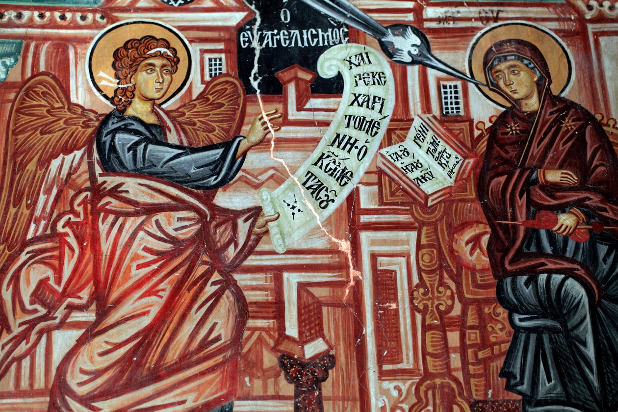 O afresco bizantino do século XV A Anunciação à Santíssima Virgem Maria Pintura de parede Igreja do Arcanjo Miguel em Pedoulas Chipre Igrejas pintadas UNESCO site Troodos, Chipre de Unknown