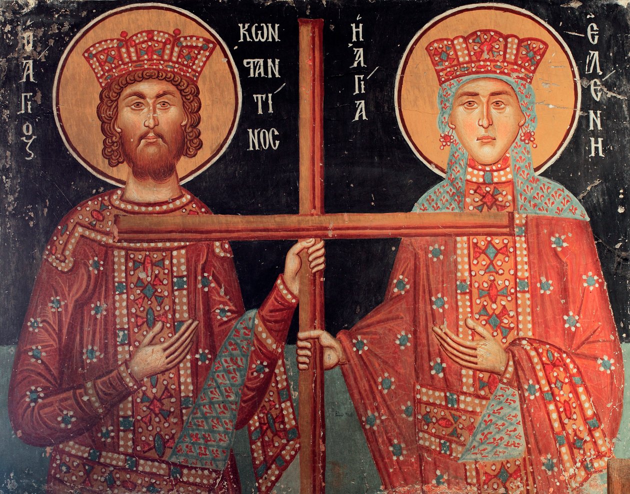 O afresco bizantino do século XV O imperador Constantino e sua mãe Helene Pintura de parede Igreja de Michael Archangel em Pedoulas Chipre Igrejas pintadas UNESCO site Troodos, Chipre de Unknown