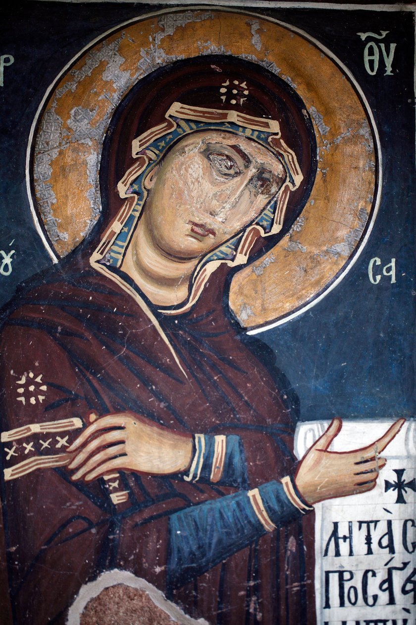 A virgem misericordiosa Bizantina Pintura de parede da igreja de Asinou Cena do último julgamento do século XII, restaurada no século XIV patrimônio cultural mundial da UNESCO Região de Troodos, Chipre de Unknown
