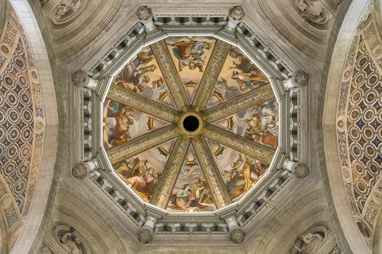 Vista da abóbada da nave central com fresco, Certosa di Pavia, Lombardia, Itália de Unknown