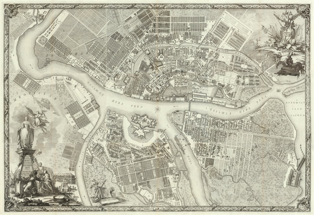 Gravura Plano da cidade capital de São Petersburgo com a imagem das avenidas mais notáveis. 1753 Makhaev M.I. de Махаев Михаил Иванович