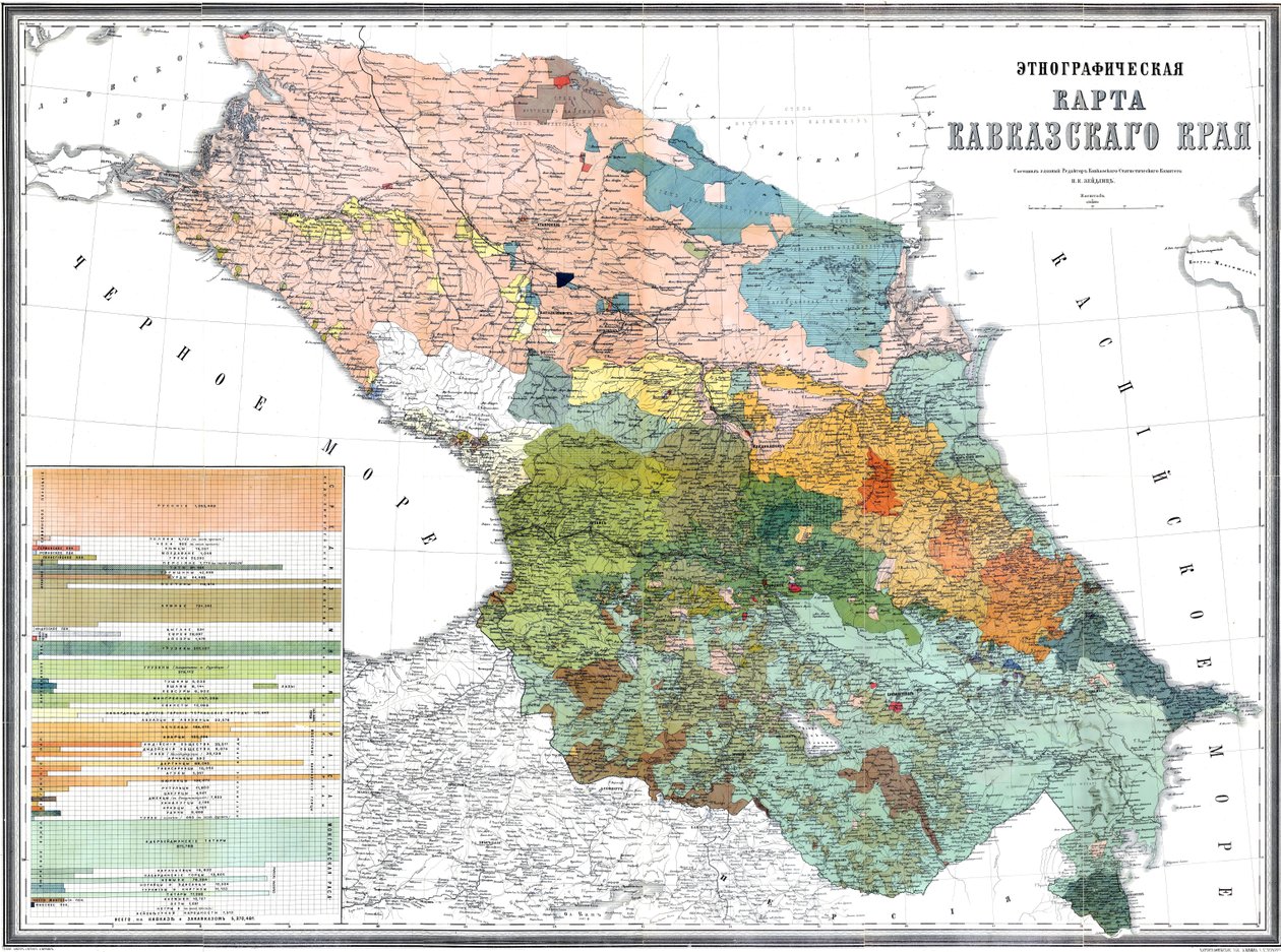 Mapa etnográfico da região do Cáucaso, 1880 (escala: 1: 1080000) de Николай Карлович Зейдлиц