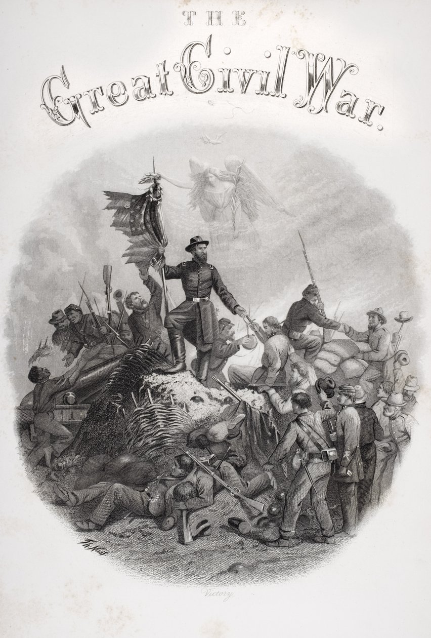 Gravura alegórica da vitória, da página de rosto do volume 3 de "A grande guerra civil: uma história da rebelião tardia" por R. Thomas e BGSmith, publicado pela R.Worthington, de 1860 de American School