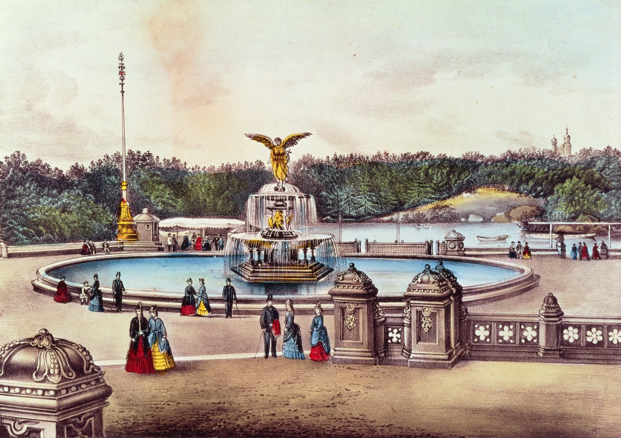 Bethesda Fountain, Central Park, Nova York, publicado por Nathaniel Currier (1813-1888) e James Merritt Ives (1813-1888) (cor litho) de American School