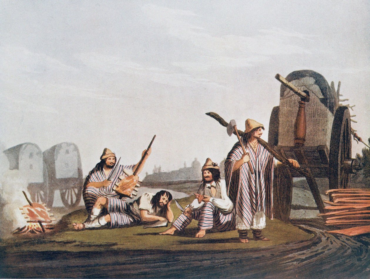Gaúchos de Tucumán, reproduzidos a partir das "Ilustrações Pitorescas de Buenos Aires e Montevidéu", de Vidal. em 1820, de "O Romance do Rio da Prata", vol. II, WH Koebel, 1914 de American School