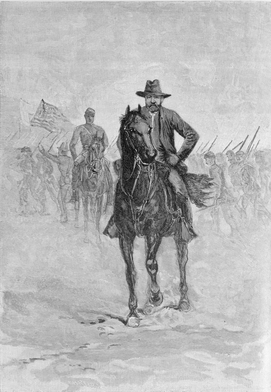 General Grant reconhece a posição do confederado no tribunal da Spotsylvania, gravado por CH Reed, ilustração de "Batalhas e Líderes da Guerra Civil", editada por Robert Underwood Johnson. de American School