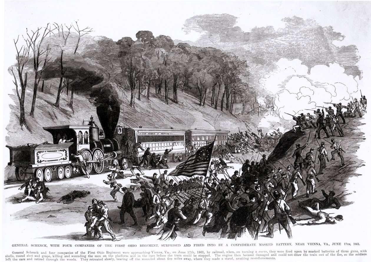General Schenck com quatro companhias do primeiro regimento de Ohio, surpreendido e despedido por uma bateria confederada mascarada, perto de Viena, VA, em 17 de junho de 1861, do &39;Illustrated Newspaper de Frank Leslie&39;, de American School