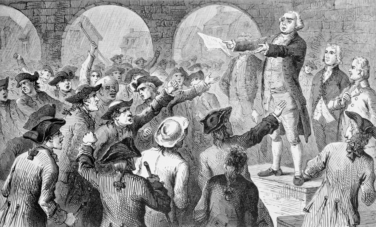 John Lamb falando no Sons of Liberty Meeting no New York City Hall sobre o desembarque do chá britânico em Nova York, 17 de dezembro de 1773, gravado por John Karst (1836-1922) (foto bundw de American School