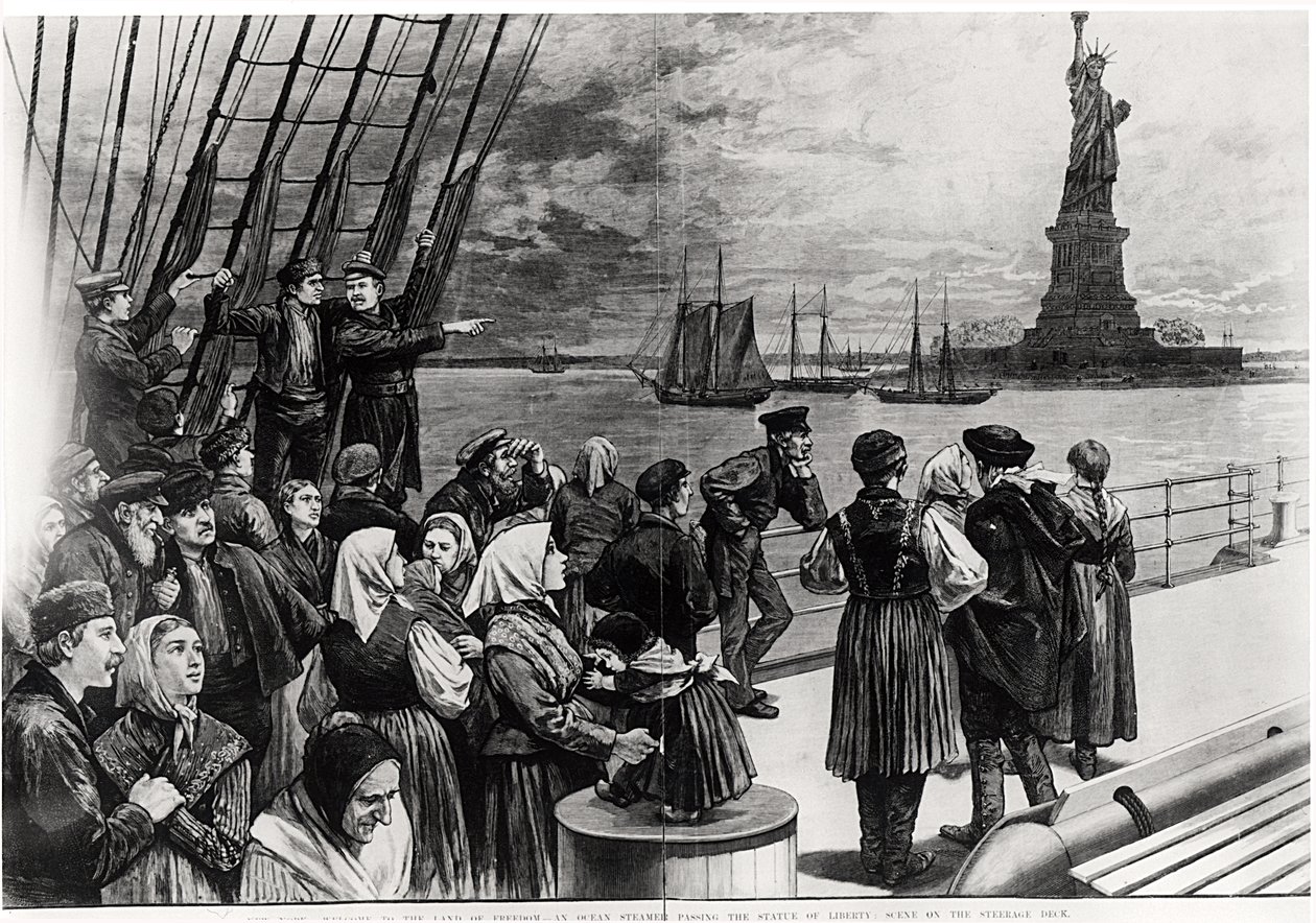 Nova York - Bem-vindo à terra da liberdade - Um navio a vapor passando a Estátua da Liberdade - cena no convés de pilotagem, ilustração de &39;Frank Illustrated Illustrated&39; de Frank Leslie, 2 de julho de 1887 (gravado de American School