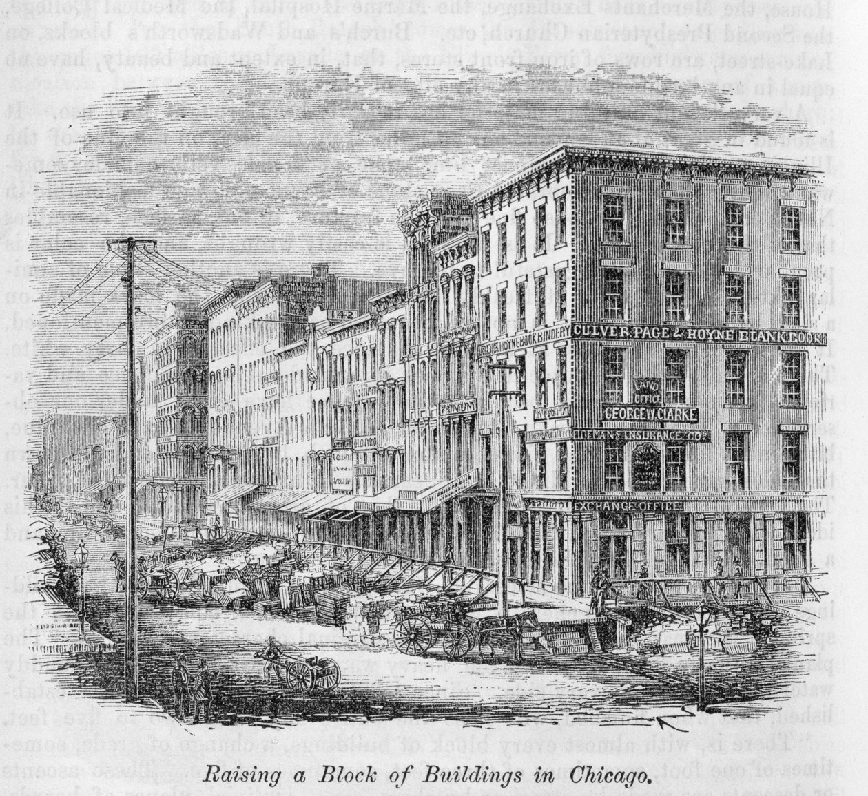 Levantando um bloco de edifícios em Chicago, de "Nosso País Inteiro: O Passado e o Presente dos Estados Unidos, Histórico e Descritivo", de John Warner Barber e Henry Hare, 1861 de American School
