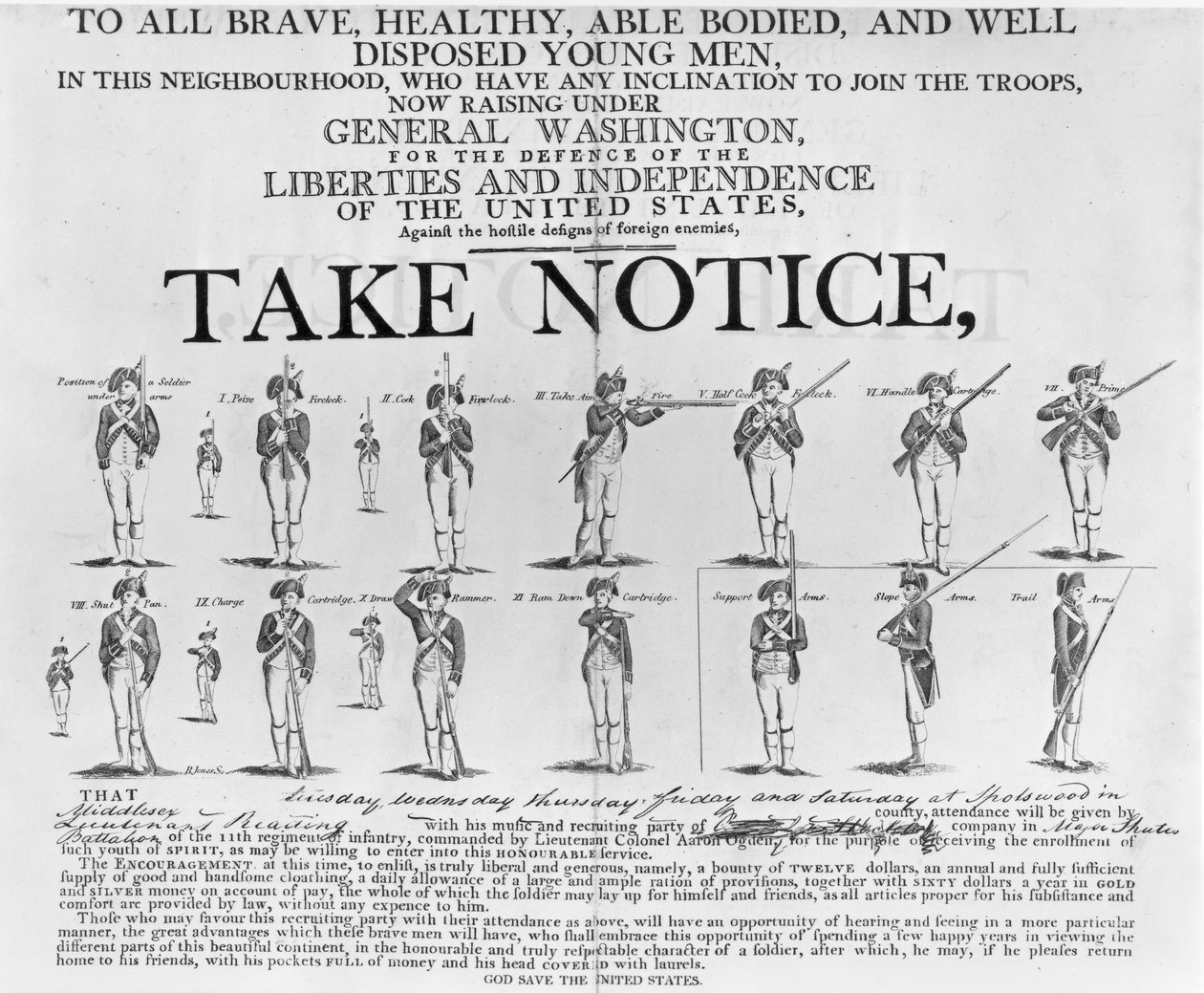 Recrutamento do exército dos EUA Poster mostrando várias posições de um soldado sob armas, placa XI de &39;Curiosidades históricas e literárias americanas&39;, 1860, reprodução de gravuras de B. Jones (bundw de American School