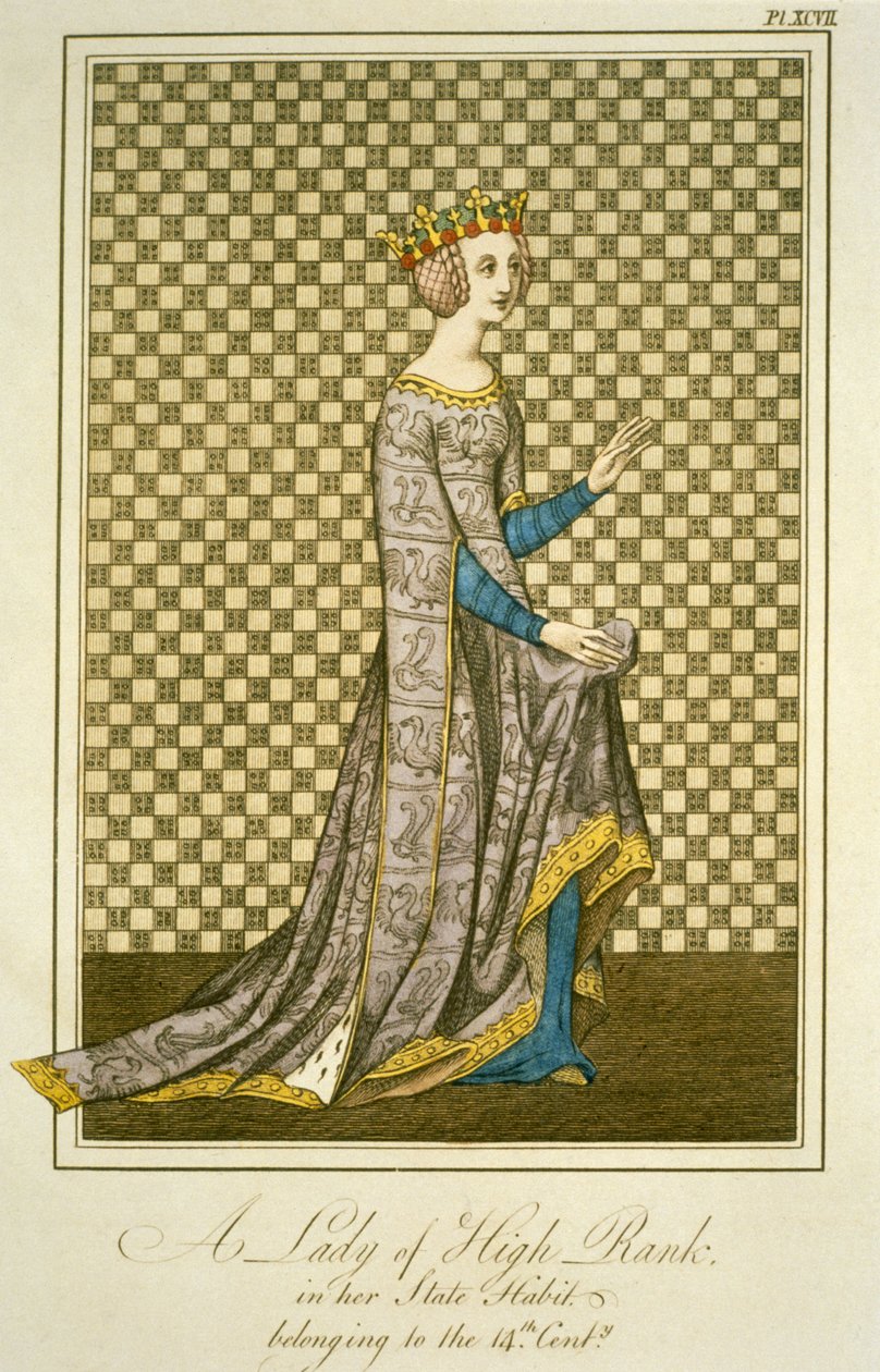 Uma Senhora do Século do Século 14 em seu Estado Vestes, de A Visão Completa do Vestido e os Hábitos do Povo da Inglaterra, Volume 2, de Joseph Strutt, 1799 (gravura colorida) de English School