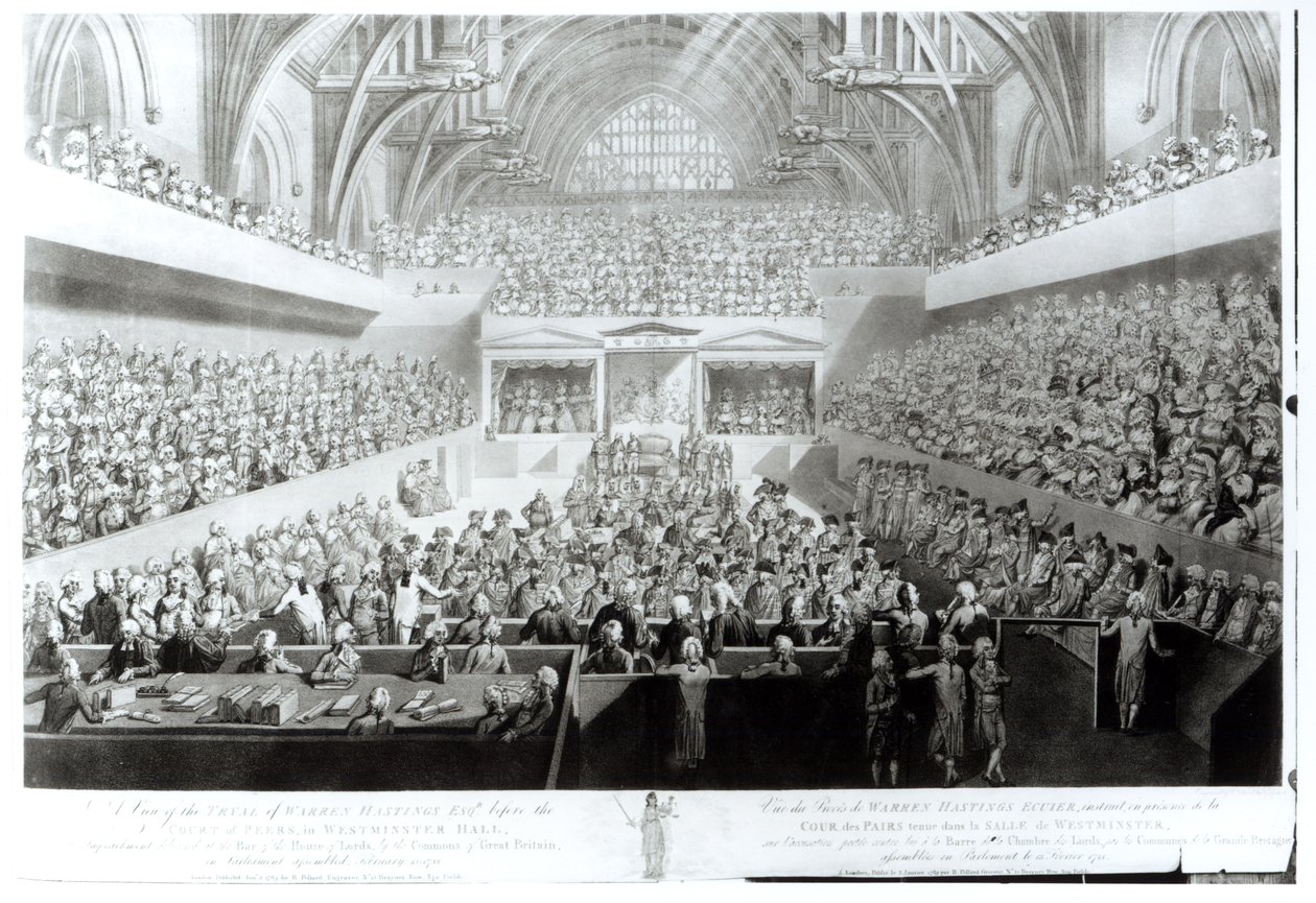 Uma visão do julgamento de Warren Hastings (1732-1818) perante o Tribunal de Pares no Westminster Hall. Impeachment entregue no Bar da Câmara dos Lordes, pela Câmara dos Comuns da Grã-Bretanha, no Parlamento de English School