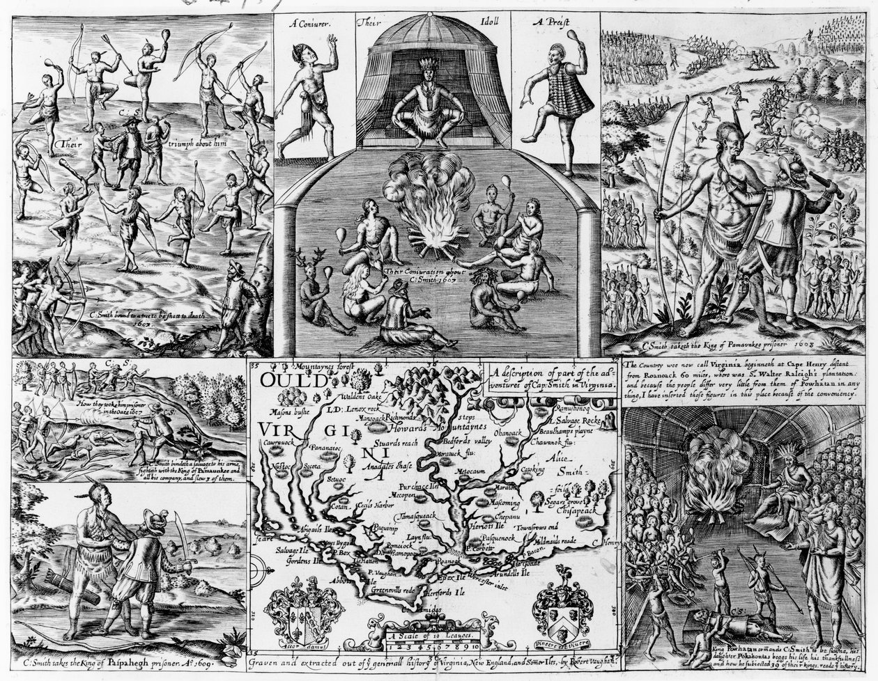 &39;Uma descrição de parte das aventuras de Cap. Smith na Virgínia, ilustração de uma "História Geral da Virgínia, Nova Inglaterra e as Ilhas de Verão", de Smith, gravada por Robert Vaughan (fl.1622-7 de English School