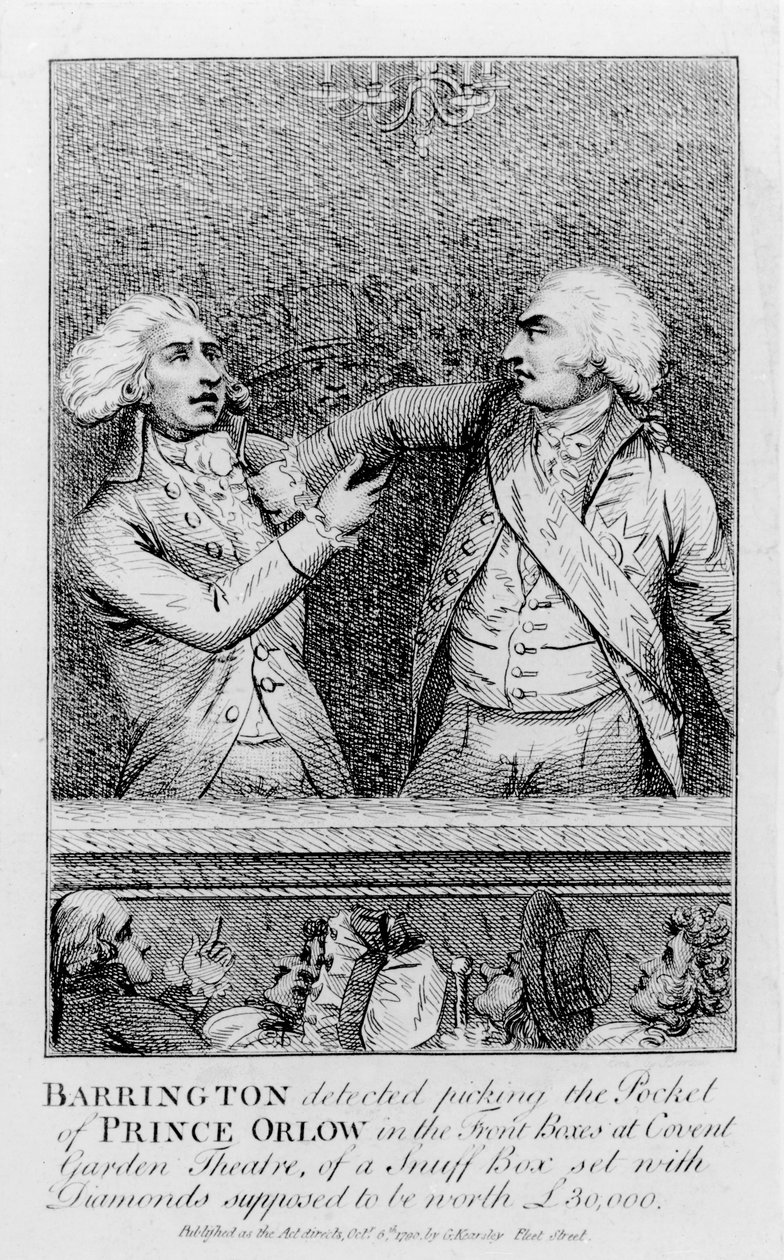 Barrington Detectado Escolhendo o Bolso de Príncipe Orlow nas Caixas Frontais do Covent Garden Theatre, de uma caixa de rapé com diamantes, deveria valer 30.000 libras, pub. em 1790 (bundw p de English School