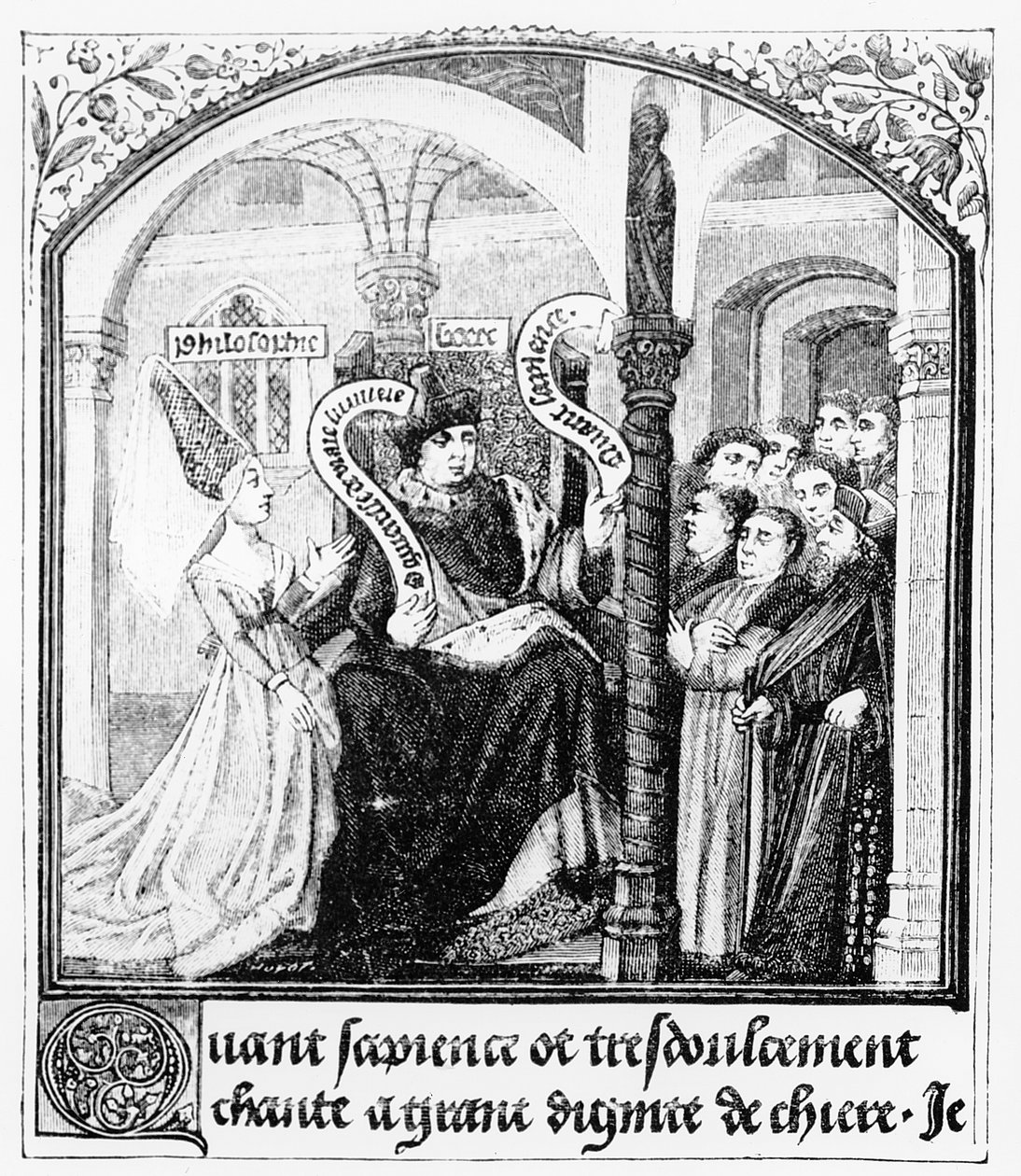 Boécio (480-524) toma o conselho da Filosofia de Dame, em miniatura de "De Consolatione da Philosophiae", traduzido por Jean de Meung, ilustração de "Ciência e Literatura da Idade Média e do de English School
