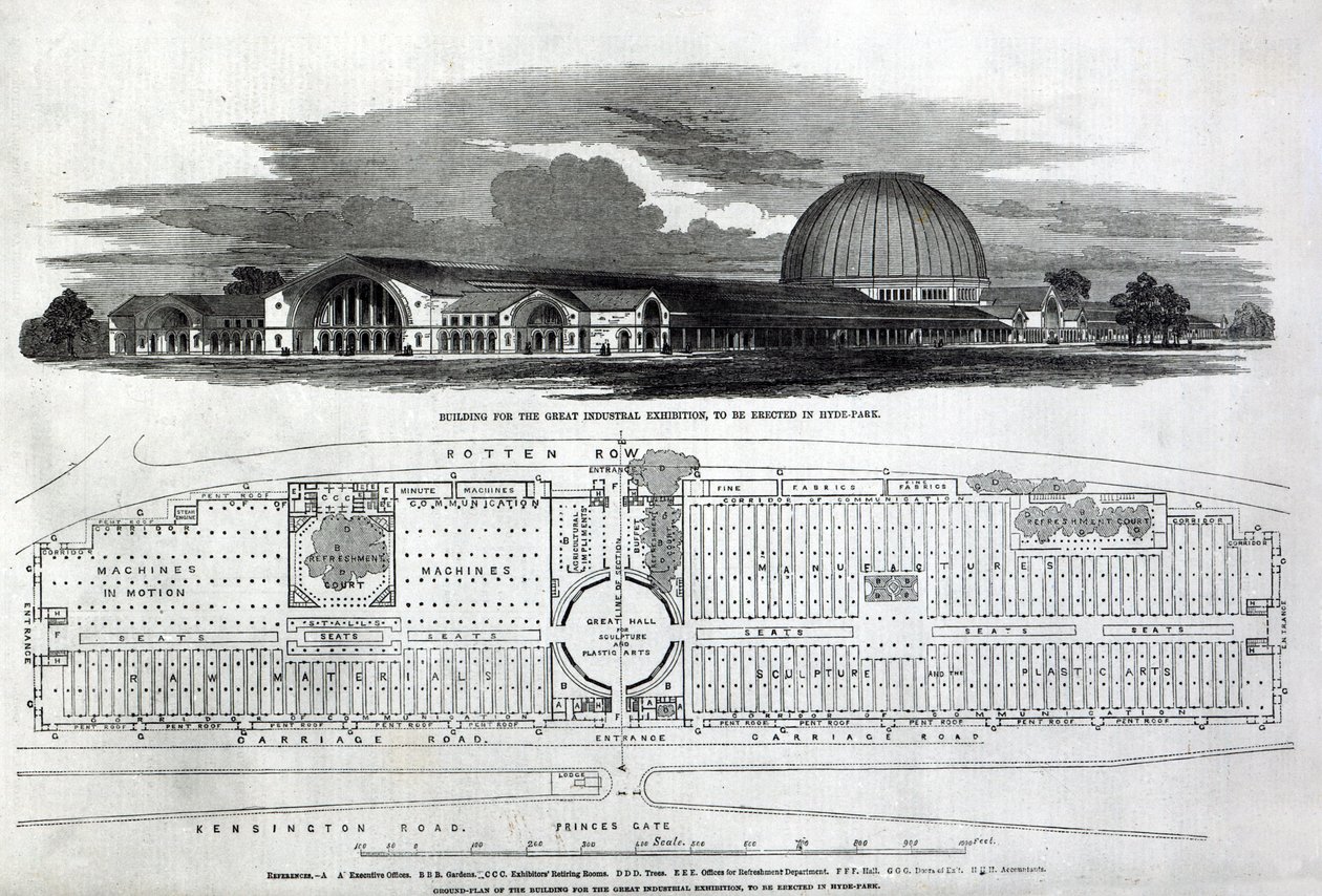 Edifício para a Grande Exposição Industrial, 1850 (gravura) (foto bw) de English School