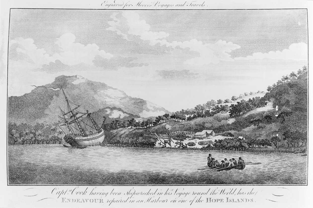 O capitão Cook naufragou em sua viagem ao redor do mundo e fez com que o Endeavour fosse consertado em um porto em uma das Ilhas Hope, gravada para "Voyages and Travels", de Moore, do século XVIII. de English School