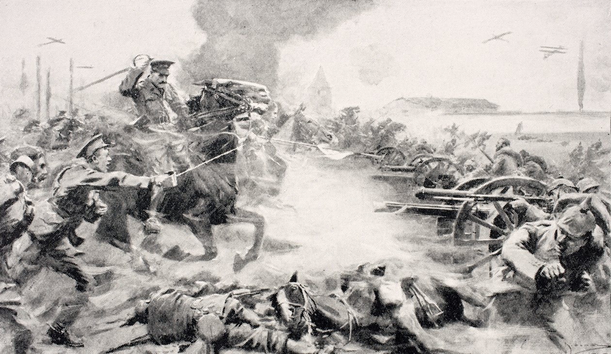 Capitão FO Grenfell, VC, liderando a carga dos 9º Lanceiros para retomar as armas capturadas perto de Doubon, em 24 de agosto de 1914, de "The War Illustrated Album de Luxe", publicado em Londres, 1916 de English School